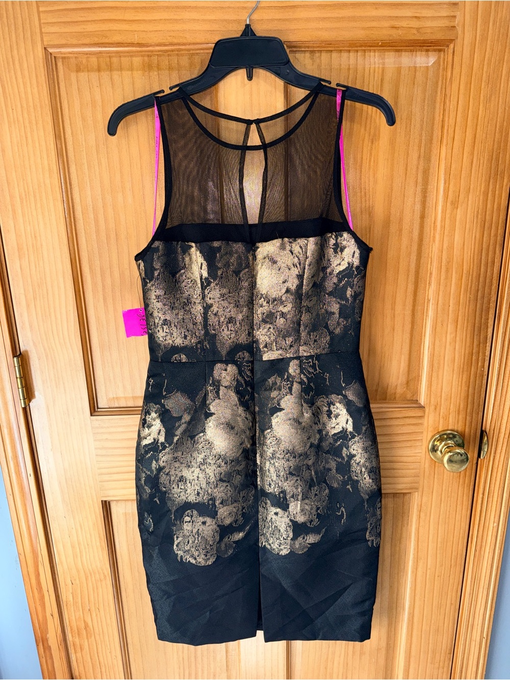 NWT Betsey Johnson Black Midi Dress w/Gold Floral Jacquard & Mesh Yoke-4 - Picture 7 of 14